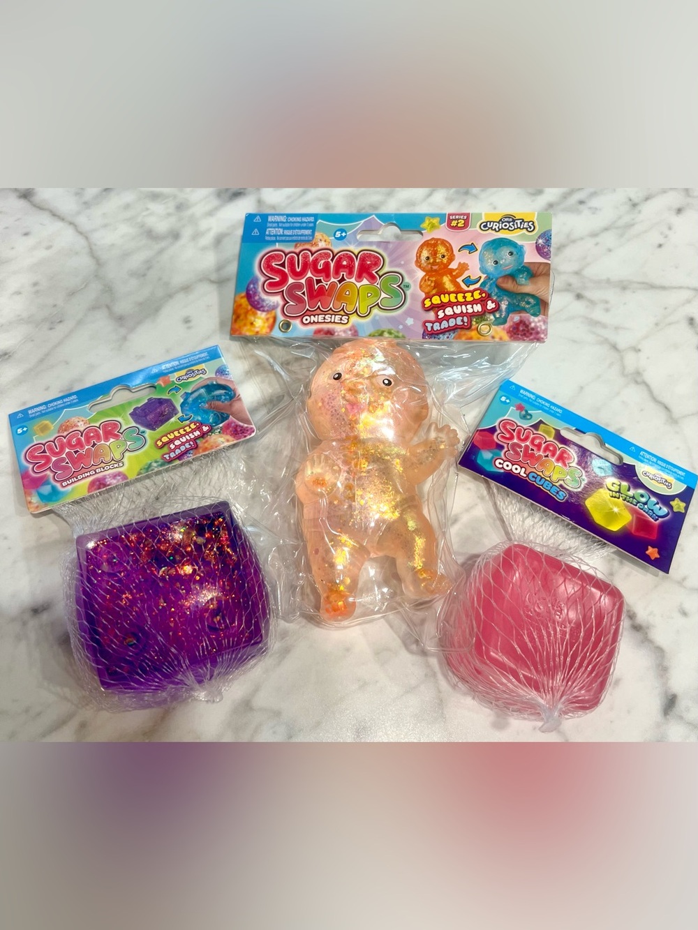 NWT Sugar Swaps Sensory Squish Toy Bundle -Cool Cube/Onesies Baby/Building Block